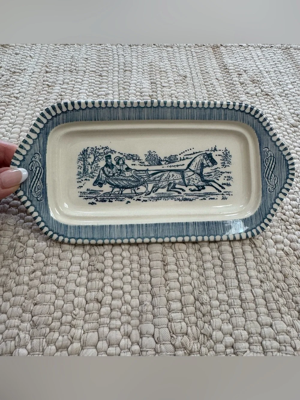 Vintage Currier & Ives by Royal Blue & White Salt and Pepper Shaker with Tray